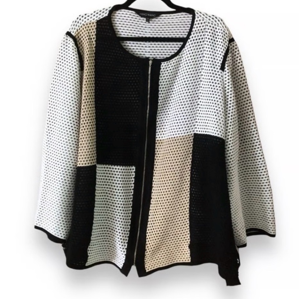 Ming Wang Mesh Black and White Color Block Zip Up Blouse Size XL